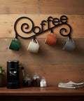 Cool Metal Wall Mounted Coffee Cup Mug Holder With Four Hooks For Kitchen Or Coffee Bar Decor, mugs hanging on rack.