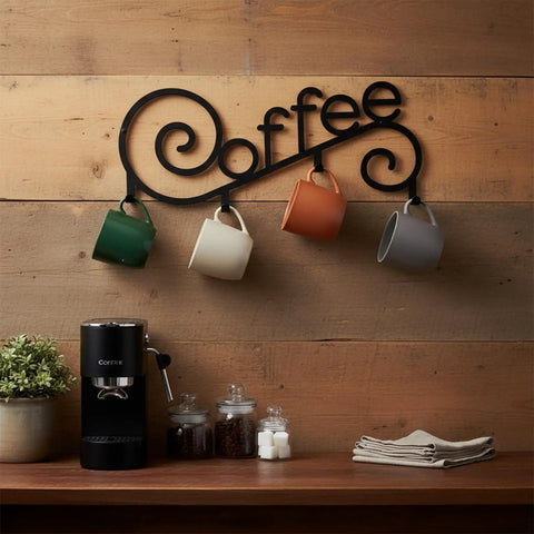 Cool Metal Wall Mounted Coffee Cup Mug Holder With Four Hooks For Kitchen Or Coffee Bar Decor, mugs hanging on rack.