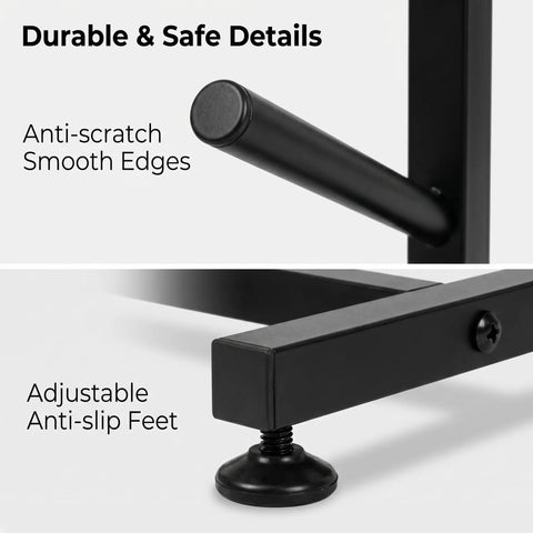 Freakishly Durable Industrial Grade Steel Knocks Out Clutter With A Badass 4 Tier Skateboard Rack Floor Stand For Garage Bedroom Display Holds Longboards Cruisers Skis Boots And Snowboards, showing anti-scratch edges and adjustable anti-slip feet.