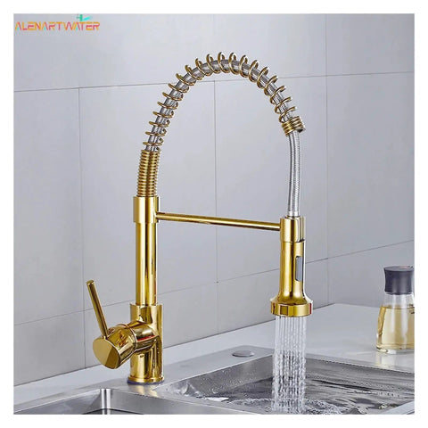ZBSAVFM Matte Black Pull-Down Kitchen Faucet 360° Swivel Mixer Tap with Hot/Cold Water Easy Install, gold finish in kitchen sink.