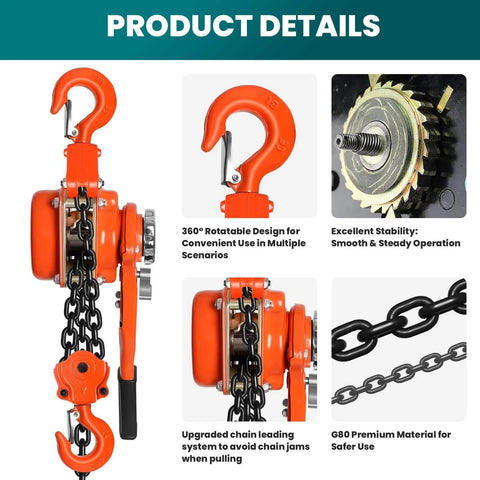 Manual Chain Hoist 6 Ton Come Along 13200 Lbs Capacity 20 Ft Lift Galvanized Carbon Steel With G80 Chain Double Pawl Brake, 360 Hook