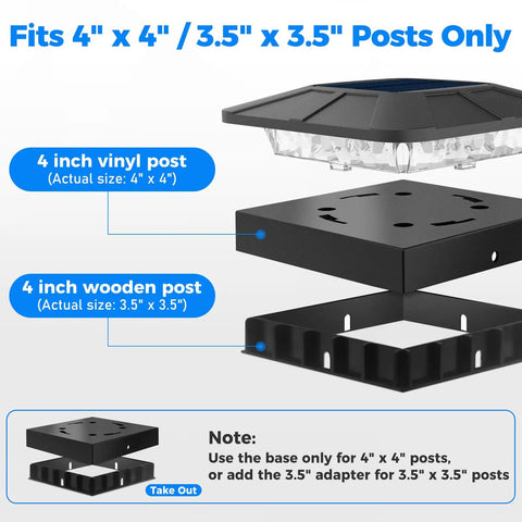 Two Pack Solar Post Cap Lights For Outdoor Fences Deck Waterproof Led Railing Caps With Adjustable Brightness Fits Standard 4x4 Wood Or Vinyl Posts To Keep Your Yard Lookin Fresh Day And Dusk. Image showing fitting sizes for 4x4 and 3.5x3.5 posts.
