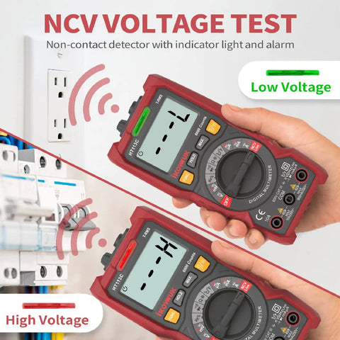 Person using DIY Ready Pro Grade TRMS 6000 Counts Digital Multimeter With Auto Ranging NCV Capability for voltage test