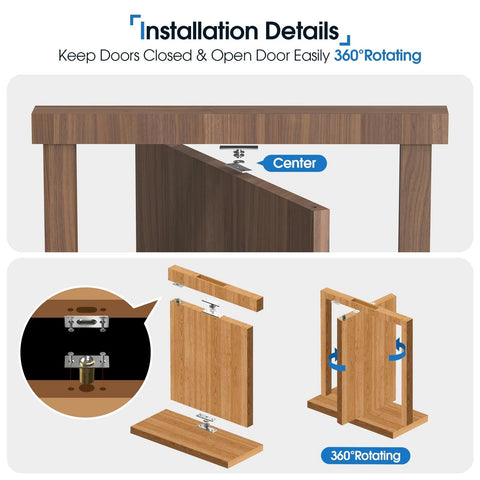 Hidden Door Pivot Hinge For 300 LB Secret Door installation details, showing 360-degree rotation and center pivot features.