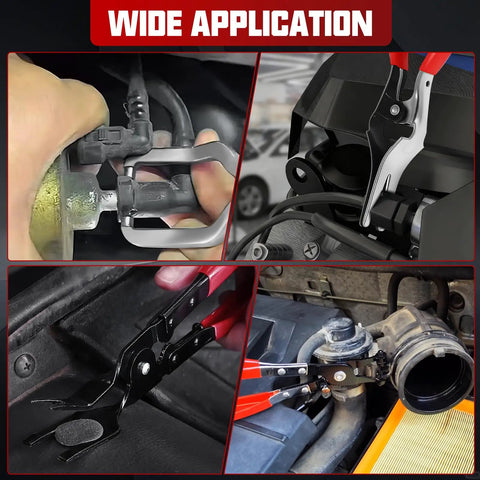 Close-up of tools from 38 Piece Automotive Hose Clamp Pliers Set Plus Fuel Line Disconnect Toolkit in various uses.