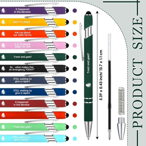 Image of 12 Piece Funny Emergency Nurse Pens Bulk Retractable Writers With Killer Hospital Vibes Solid Steel Body and Touchscreen Stylus Tip.