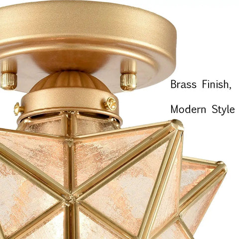 Modern Sleek Brass Moravian Star Ceiling Light Mini Semi Flush Mount With 8 Inch Seeded Glass close-up view