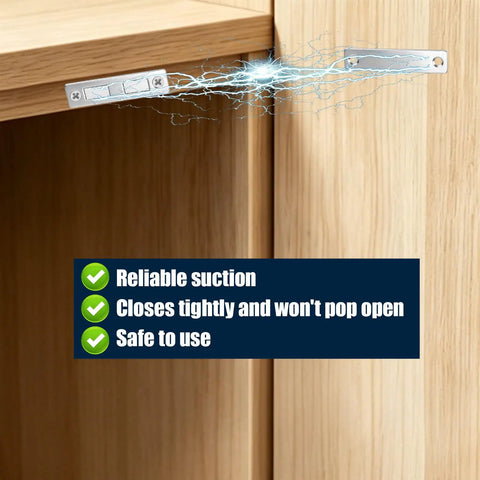Premium Stainless Steel Magnetic Door Catch With Adhesive Strips And Screws Ideal For Securing Cabinet Doors Smoothly, shown on a cabinet.