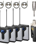 Zero Latency Wireless In Ear Monitor System With Transmitter And Clip On Receivers For Studio Live Performance DJ And Guitar No Lag Real Time Monitoring With Ultra Low Latency Tech 4 Receivers And 1 Transmitter image showing four clip-on receivers with digital displays and a metal jack transmitter
