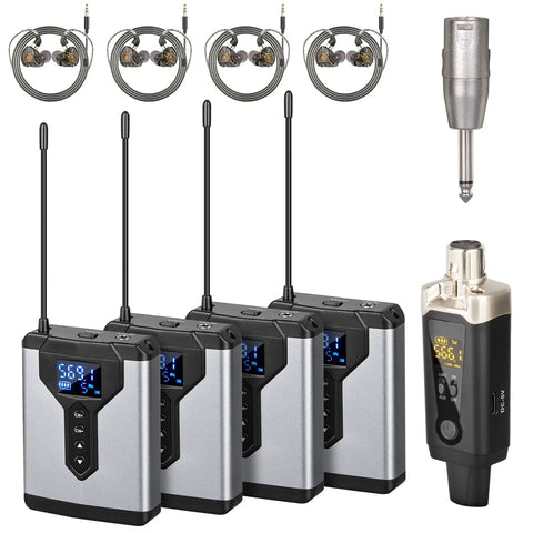 Zero Latency Wireless In Ear Monitor System With Transmitter And Clip On Receivers For Studio Live Performance DJ And Guitar No Lag Real Time Monitoring With Ultra Low Latency Tech 4 Receivers And 1 Transmitter image showing four clip-on receivers with digital displays and a metal jack transmitter