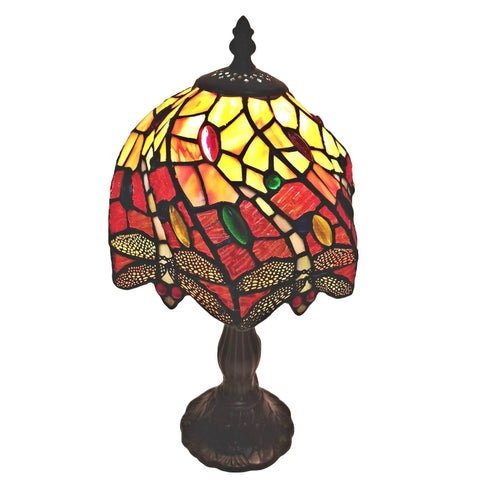 Dragonfly Mini Accent Lamp With Red Yellow Jewels For Bedside Nightstand Mood Lighting, Vintage Handmade Decor Gift, 14.5 Inch Tall 8 Inch Wide