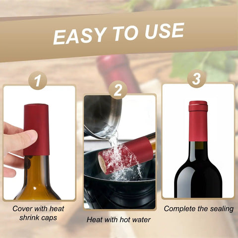 Premium Black Heat Shrink Bottle Caps For Wine And Spirit Sealing With No Sweat Party Wraps for easy sealing process steps.