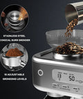 Top Tier Espresso Machine With Built In Conical Burr Grinder And High Output Milk Frother Boasting 15 Bar Pressure Digital Display showing integrated grinder and coffee bean container.