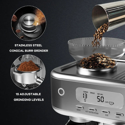 Top Tier Espresso Machine With Built In Conical Burr Grinder And High Output Milk Frother Boasting 15 Bar Pressure Digital Display showing integrated grinder and coffee bean container.