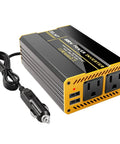 Road Trip Ready 300 Watt Car Power Inverter With Dual AC Outlets And Fast USB Ports, compact design with cigarette lighter plug.