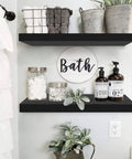 Rock Solid Two Pack Wall Mounted Shelves 23.6 Inch Long MDF Shelves With Steel Brackets 9.3 Inch Depth 1.5 Inch Tall Black Finish Up To 25 Lbs Capacity Perfect For Bathroom Kitchen Living Room Display And Storage with bathroom decor