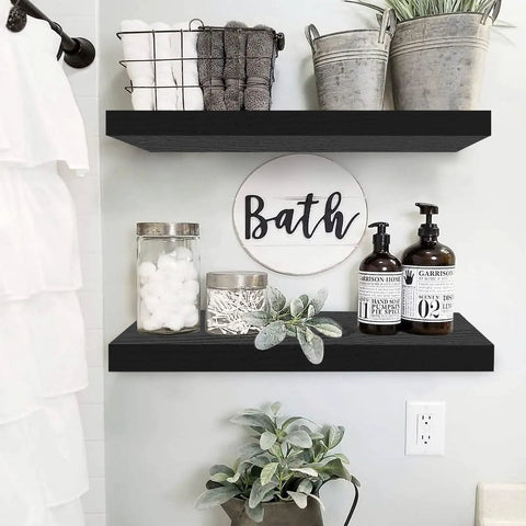 Rock Solid Two Pack Wall Mounted Shelves 23.6 Inch Long MDF Shelves With Steel Brackets 9.3 Inch Depth 1.5 Inch Tall Black Finish Up To 25 Lbs Capacity Perfect For Bathroom Kitchen Living Room Display And Storage with bathroom decor