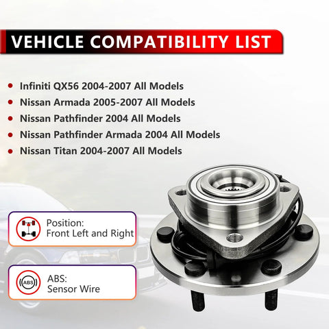 Pair Front Wheel Bearing Hub Assembly For Nissan Pathfinder Armada Titan Infiniti QX56 2004 2005 2006 2007 6 Lugs With ABS Fits Front Wheels Durable Replacement
