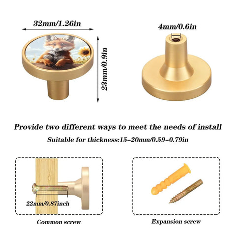 4 Pack Fox Sunflower Gold Cabinet Knobs Set With Cool Round Pull Handles For Drawers Walls Dresser Farmhouse Style Scratch Resistant Finish Dual Screws Durable Acrylic And Zinc Alloy with dimensions shown