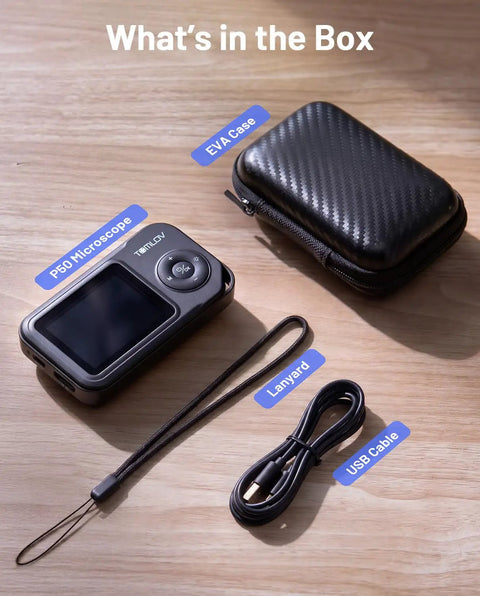 Portable Handheld Digital Microscope With Adjustable Focus And Two Point Four Inch IPS Screen, EVA case, lanyard, USB cable