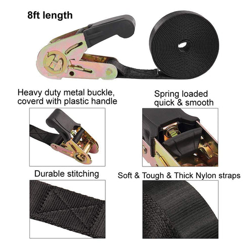 Heavy Duty Ratchet Tie Down Straps for Secure Cargo Hauling featuring beefy nylon webbing, 8ft length, and durable stitching.