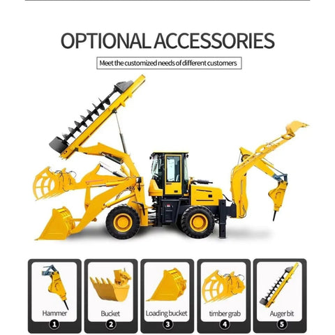Backhoe Loader Do-It-All Combo For Farm Use, Compact Tractor Excavator with versatile attachments displayed including hammer and bucket
