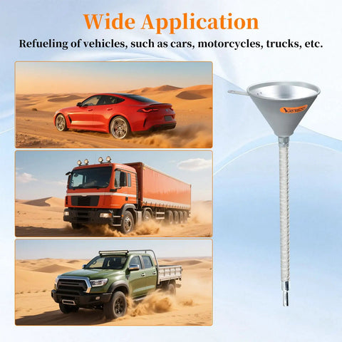 14.84 Inch Steel Bendable Spout Funnel With Filter For Automotive Oils And Liquids beside cars and trucks in desert