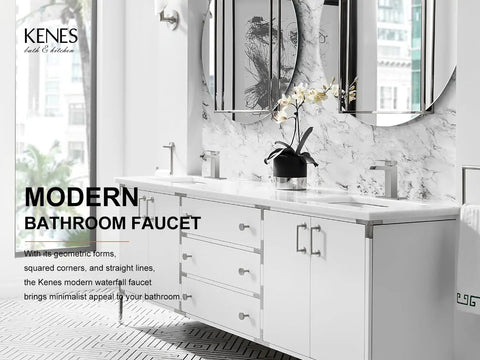 Waterfall Style Bathroom Sink Faucet With Brushed Nickel Finish on modern white vanity with large mirrors