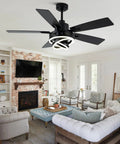 Smooth Operator 52 Inch Black Modern Chandelier Ceiling Fan Featuring Smart App Control And Barn Wood Blades in bright living room