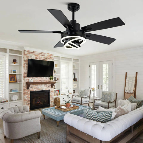 Smooth Operator 52 Inch Black Modern Chandelier Ceiling Fan Featuring Smart App Control And Barn Wood Blades in bright living room