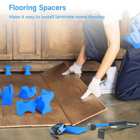 Person using 40 Piece 2 In 1 Flooring Spacers for 1/2 Inch and 1/4 Inch Gaps, Installation Spacers for Vinyl Plank and Laminate Wood Floors.