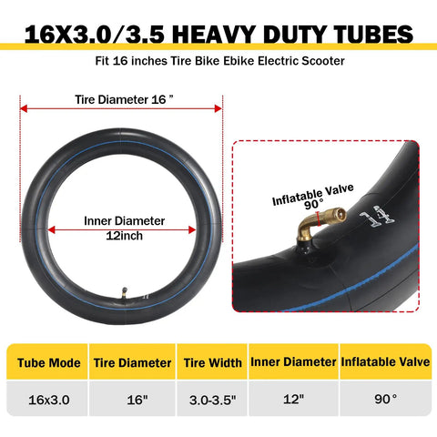 Two Pack 16x3.0 Inner Tubes With 90 Degree Angled Valve for 16 Inch Tires, image showing tube specifications and valve detail