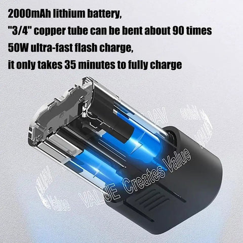 Heavy Duty Electric Copper Tube Bender With 2000mAh Battery showing details of lithium battery and charge features.