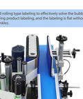 No-Nonsense Fully Automatic Round Bottle Labeling Machine featuring intuitive controls and photoelectric sensors, showing labeling mechanism.