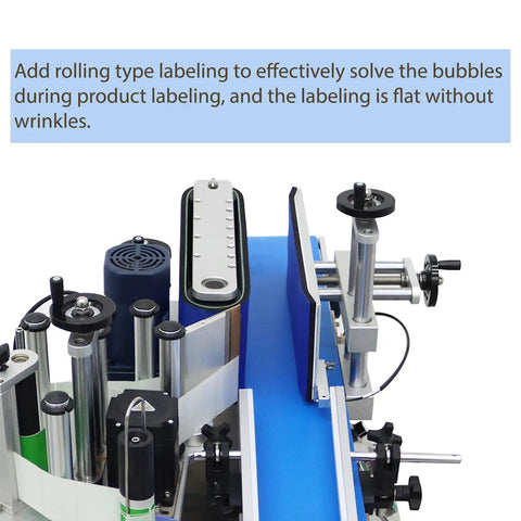 No-Nonsense Fully Automatic Round Bottle Labeling Machine featuring intuitive controls and photoelectric sensors, showing labeling mechanism.