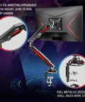Single Gaming Monitor Arm With Mechanical Spring Load, Fully Adjustable Clamp Or Grommet Mount For Up To 32 Inch Screens, VESA 75x75 And 100x100, showing metallic design and clamp mount.