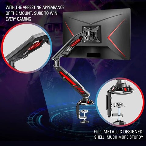 Single Gaming Monitor Arm With Mechanical Spring Load, Fully Adjustable Clamp Or Grommet Mount For Up To 32 Inch Screens, VESA 75x75 And 100x100, showing metallic design and clamp mount.