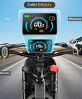 Handlebars and color display on All-Terrain Electric Dirt Bike For Adults With 1536Wh Battery And 32Ah, trail ready e-bike.