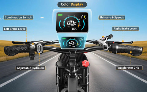Handlebars and color display on All-Terrain Electric Dirt Bike For Adults With 1536Wh Battery And 32Ah, trail ready e-bike.