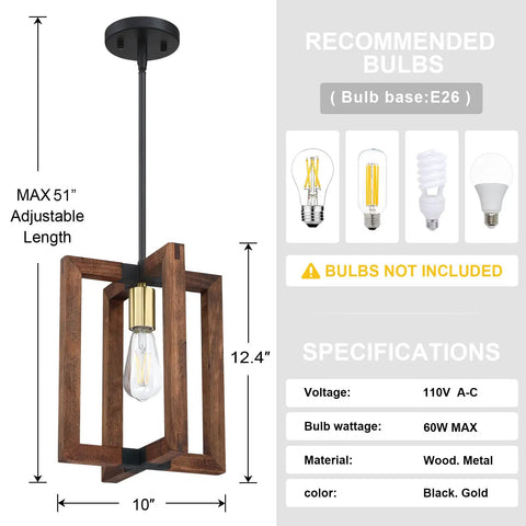 2-Pack 1-Light Farmhouse Adjustable Hand Painted Wood Gold Semi-Flush Mount Ceiling Light Fixtures Black Finish Rustic Hanging