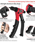 Premium 8 Inch Rivet Nut Tool Kit With Quick Change Heads And 80 Dual Metric SAE Mandrels For Precision Tight Space Installation On Cars Or Machinery DIY Pro Grade Carbon Steel Grip, red hand tool close-up