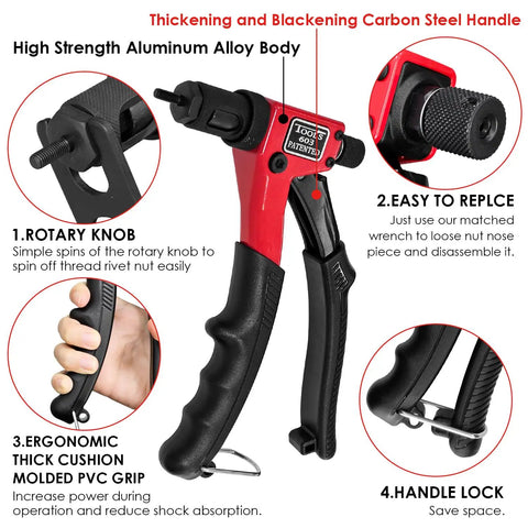 Premium 8 Inch Rivet Nut Tool Kit With Quick Change Heads And 80 Dual Metric SAE Mandrels For Precision Tight Space Installation On Cars Or Machinery DIY Pro Grade Carbon Steel Grip, red hand tool close-up