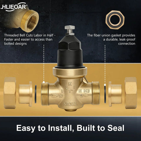 Brass NR3XLDU water pressure reducing valve with double union FNPT connections for home or commercial use.