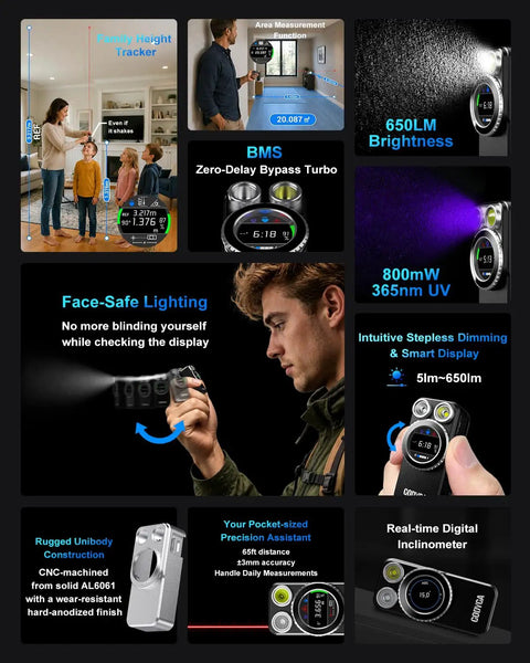 7 In 1 EDC Flashlight With Laser Distance Meter And Digital Angle Finder, 650 Lumen White Light, 365 Nm UV Light, Area Calculator, Height Measurement, IPX6 Water Resistant, Rechargeable Magnetic Work Light in use
