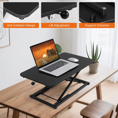 Standing Desk Converter With Adjustable Height Keyboard Riser For Stand Up Desks And Ergonomic Sit Stand Workstations, Big 23.6 Inch Desktop Surface, Black on a table with a laptop and plant