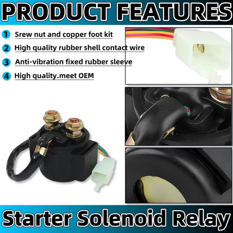 Heavy Duty Starter Solenoid Relay For 4 Stroke GY6 Engines 50cc To 250cc Fits ATV Scooter Dirt Bike Go Kart Quad Moped Pit Bike And Honda Roketa Taotao SunL Coolster SSR Clones Hassle Free Install, black relay with wires and copper terminals
