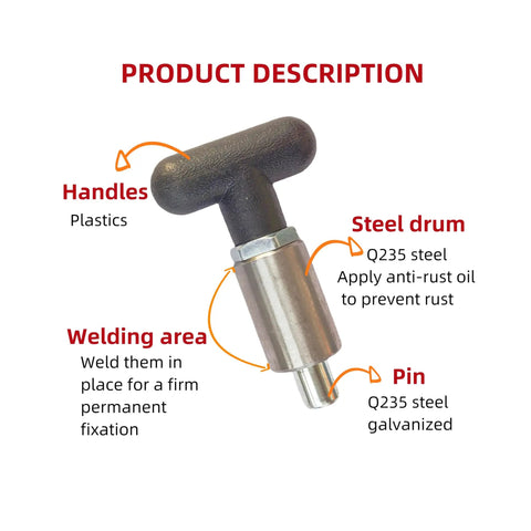 Heavy Duty Spring Loaded Pull Pin With Rock Solid Welded Steel Core Black T Handle Lever Knob 3/8 Inch size with plastic handles and Q235 steel.