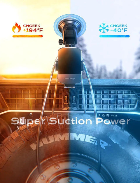 Fast Slick Wireless Car Charger With Auto Clamp And 15W Max Fast Charging Car Mount showing temperature resistance on dashboard.