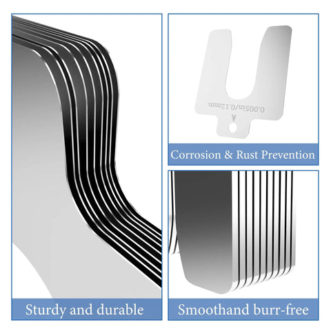 70 Pcs Stainless Steel Slotted Shim Kit For Leveling And Calibration In Machinist Shops Includes 2 Inch By 2 Inch Shim Stock Size A And Multiple Thicknesses For Precise Easy Adjustments And Tooling shown with smooth edges and slot detail.