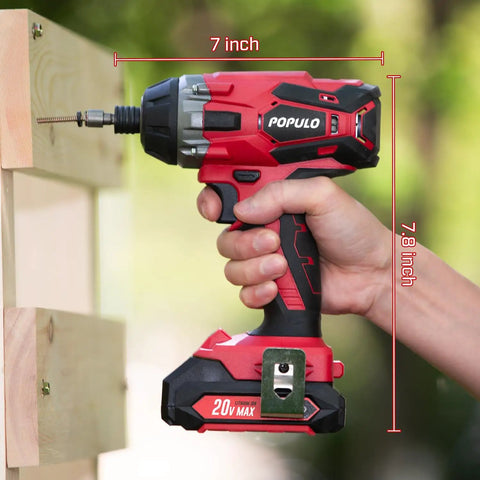 20V Max Lithium Ion Impact Driver With One Quarter Inch Quick Connect Chuck in use fastening wood, 7 inch length, 7.8 inch height